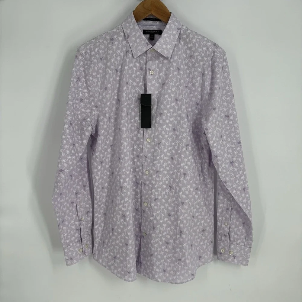 Banana Republic Mens Slim Fit Button Up Shirt Medium Lavander Palm Print Resort